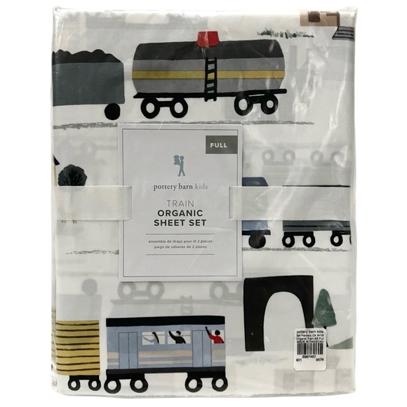 Pottery Barn Kids Train Railroad Full Sheet Set Organic Cotton 4 Piece Boys NIP - Picture 3 of 4